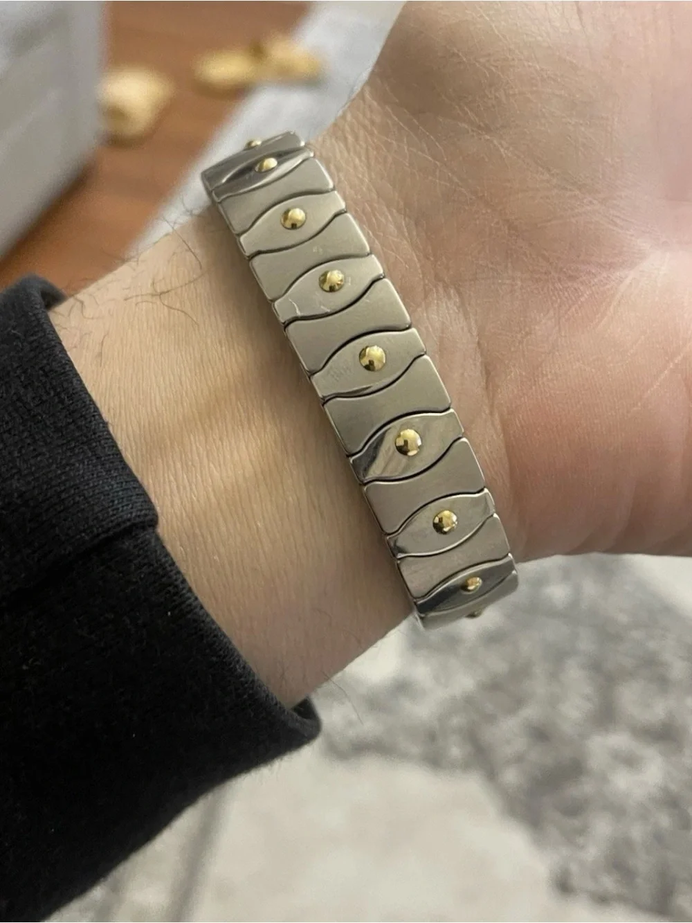 Vintage Milor Italy Men's Stainless Steel & Solid 18K Gold Wave Link Bracelet